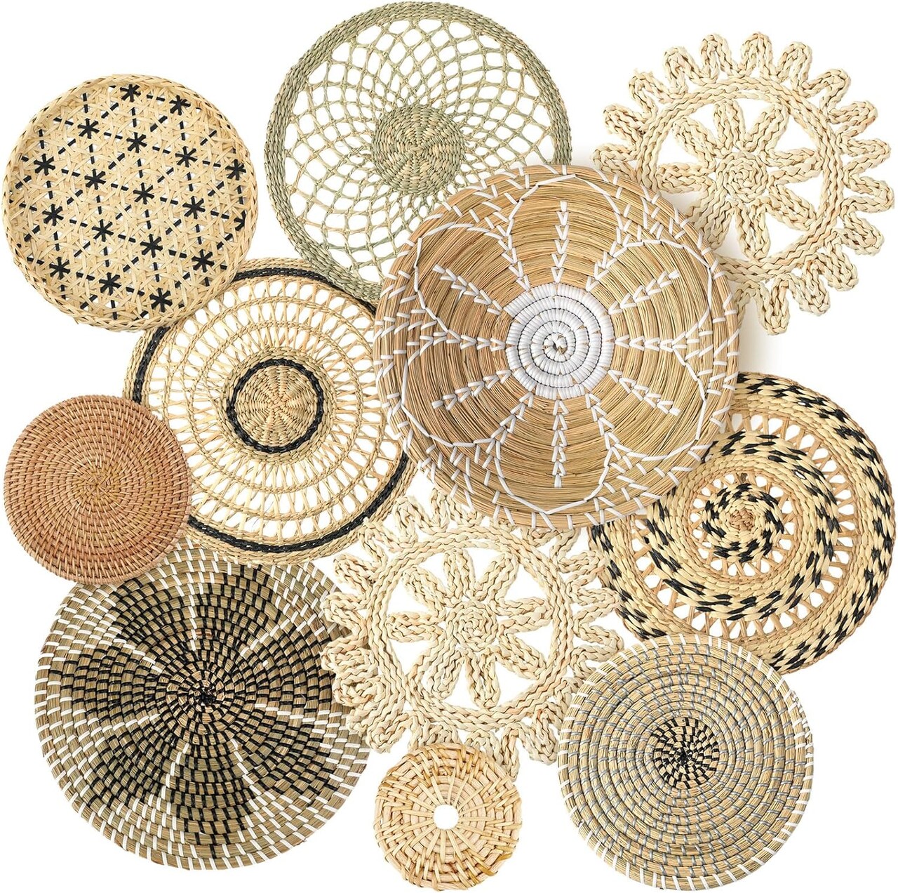 11 Pcs Boho Wall Basket Decor Decorative Bulrush Woven Basket Wall Decor Boho Art Round Farmhouse Hanging Baskets for Kitchen Rustic Home Summer Decorations, Multi Sizes(Vivid)